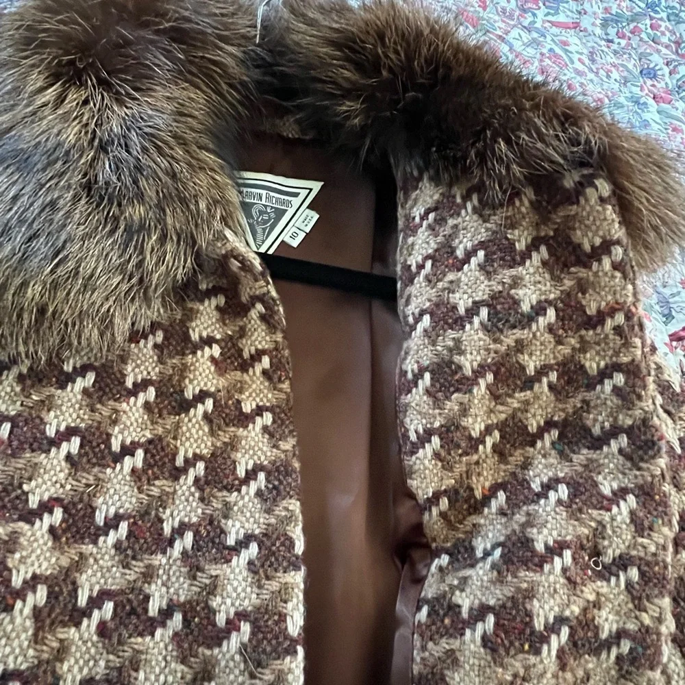 Marvin Richards VTG NEW Houndstooth Wool Coat with Fox Fur Collar Size 10 - Picture 14 of 14